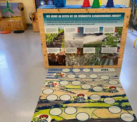 Spieleteppich führt zu einem Holzverschlag auf dem ein Plakat mit Informationen zum Klimaschutz klebt.